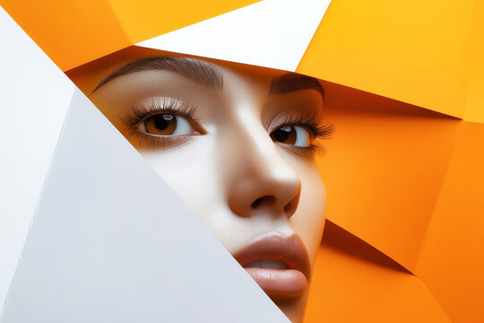 Geometric beauty of a woman's face in vibrant orange and white shapes with striking contrasts and artistic composition