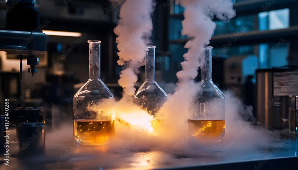 Poster glowing liquid in flasks with smoke in science lab