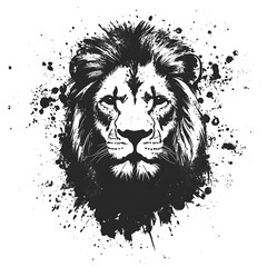 A stylized black-and-white lion head with splatter effects.