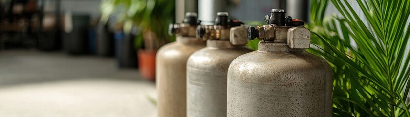 Fototapeta premium Three gas cylinders are lined up in a well-lit environment, surrounded by greenery, suggesting a setting for industrial or scientific use.