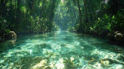 Naklejka premium Crystal clear jungle river with sunlight filtering through lush foliage.
