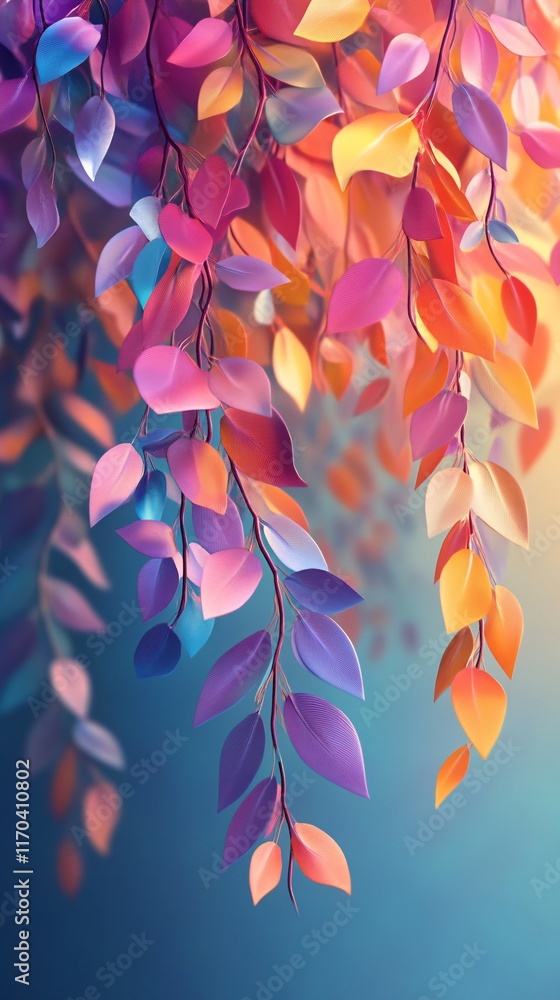 Poster vibrant multicolored leaves cascading down, creating a dreamy, ethereal atmosphere with soft gradien