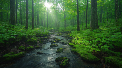 Obraz premium Misty forest stream with sunlight.
