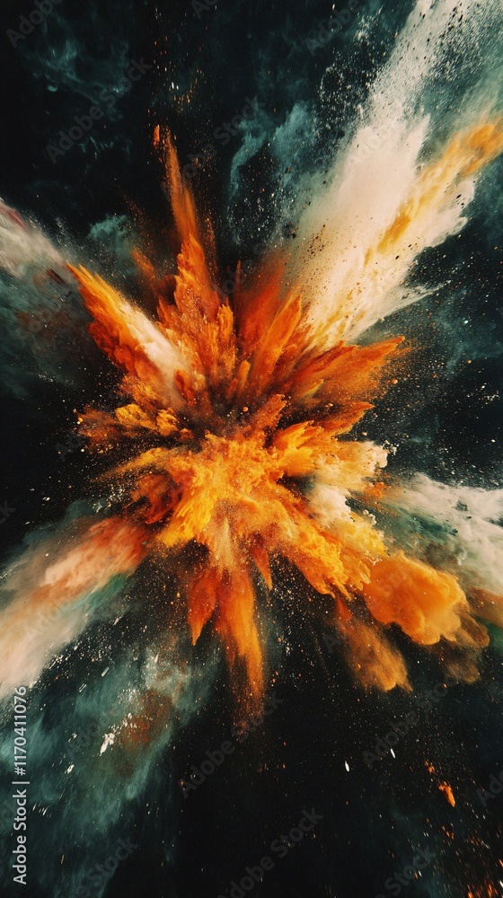 Poster an abstract explosion of colors showcasing fiery oranges and cool blues, creating a dynamic and stri