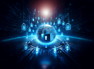 A glowing Earth, encircled by digital locks, symbolizes global cybersecurity and data protection.  The vibrant blue and dark background enhances the image's futuristic feel.