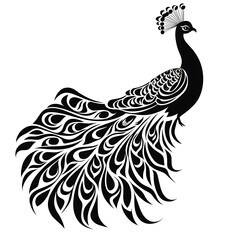 Naklejka premium A stylized black and white peacock with intricate feather designs.