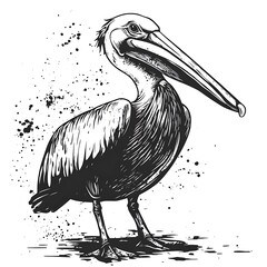 A stylized illustration of a pelican with detailed line work.