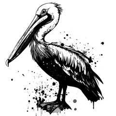A stylized illustration of a pelican with ink splashes.