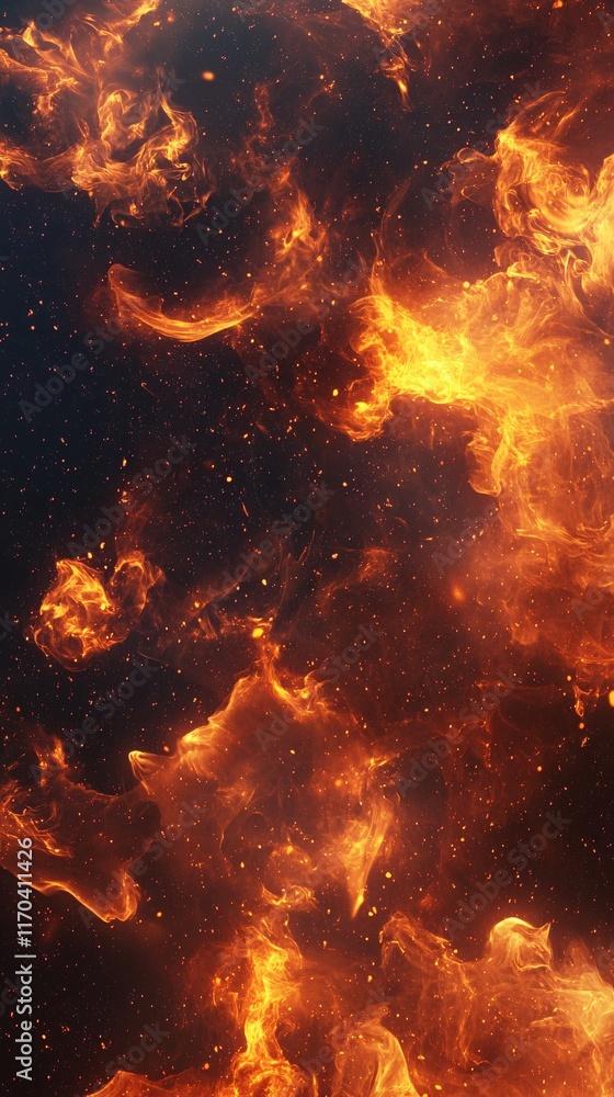 Poster abstract fiery background with swirling flames and glowing particles.