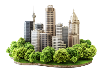 A Detailed Model of a Modern Cityscape with Skyscrapers and Greenery, Isolated on Transparent and White Background