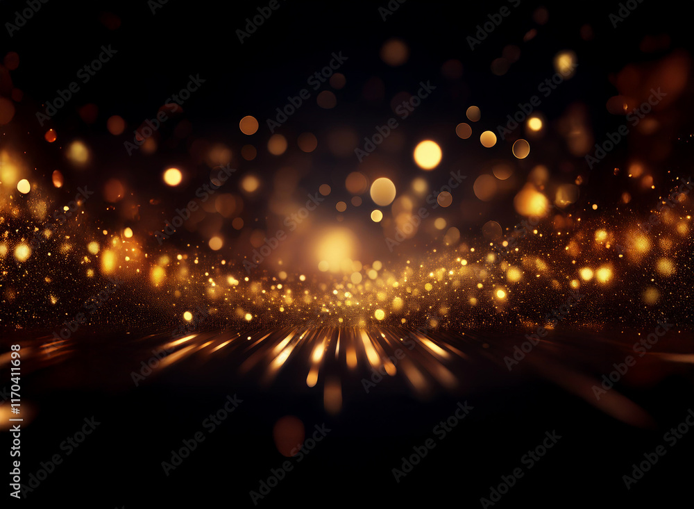Poster a breathtaking display of golden light particles, shimmering and glowing against a dark background. 