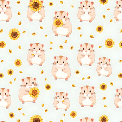 Cute seamless pattern featuring pastel hamsters with sunflower seeds and little wheels