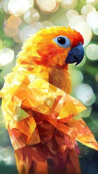 Bright low poly sun conure portrait with radiant orange and yellow feathers, set against a playful bokeh background. 