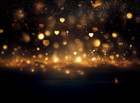 Golden hearts and shimmering lights dance on a dark background, creating a magical, romantic ambiance.  A sparkling, dreamy scene perfect for celebratory occasions.