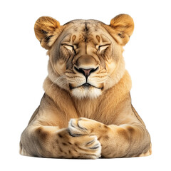 A lioness lying down with her front paws crossed gracefully, her eyes half-closed in a state of relaxation. Isolated on white background