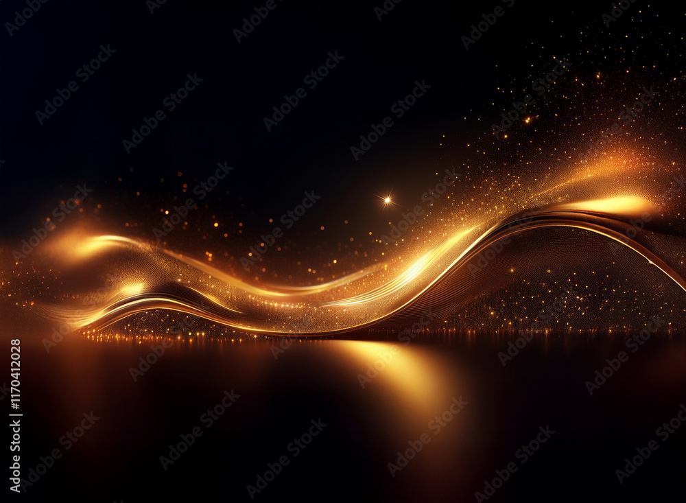 Poster golden, luminous wave flows across a dark background, shimmering with sparkling particles and reflec