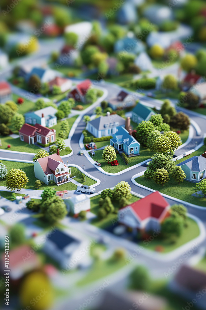 Poster a 3d map of a suburban area with key landmarks and interactive gis overlays.