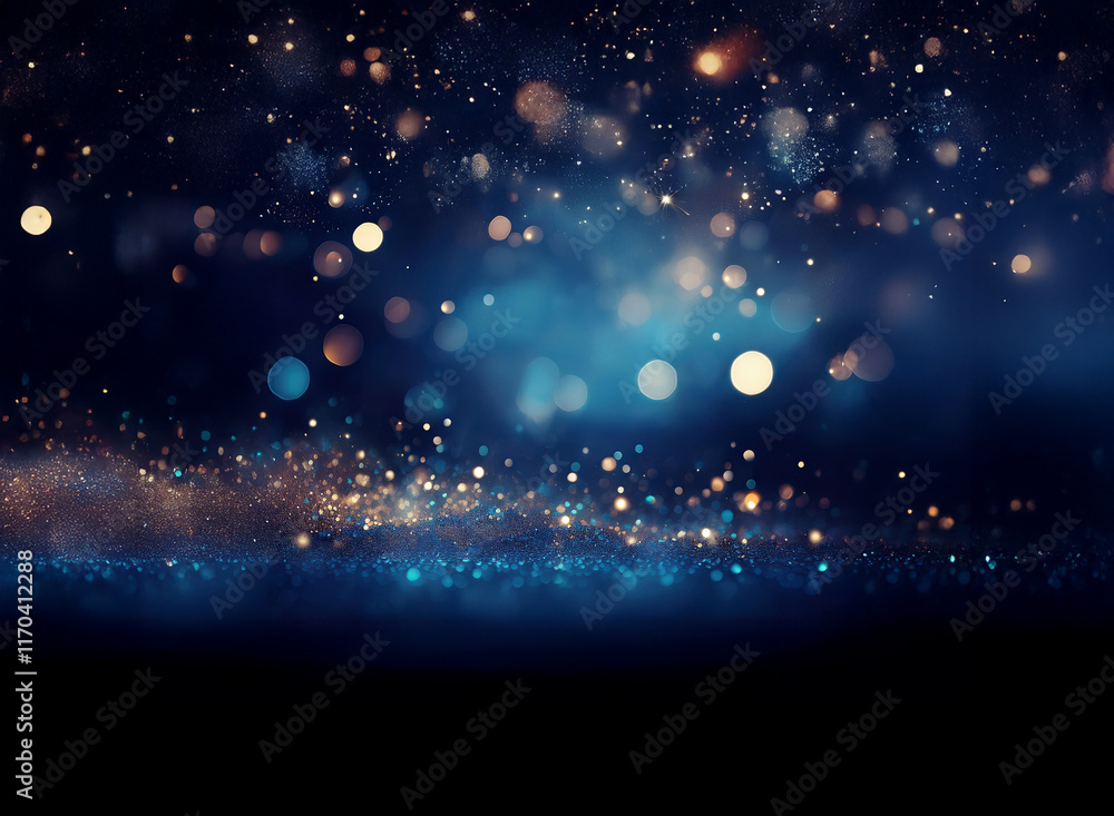 Poster dark blue background with glittering particles and bokeh lights. sparkling dust and glowing orbs cre