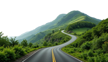 Curvy mountain road winding gracefully through lush greenery isolated on a white background. Suitable for marketing or business purposes. PNG file