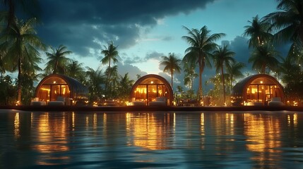 Obraz premium Tropical resort at dusk with luxurious cabins and palm trees reflecting in water