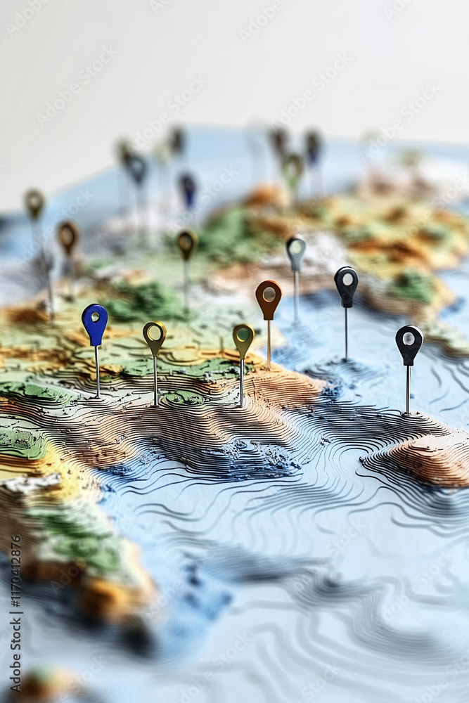 Poster a clean and modern 3d world map showing global trade routes with pins and lines.