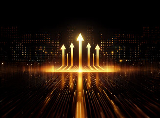 Golden arrows ascend from a glowing city horizon, symbolizing growth and progress in a digital landscape.  Light trails emanate from a central point.