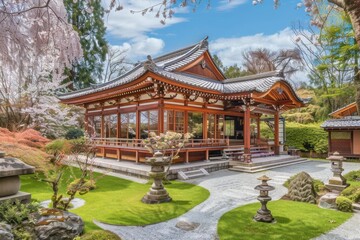 Obraz premium A serene Japanese garden featuring a traditional wooden pavilion amidst lush greenery and blossoms.