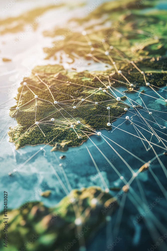 Poster a clean and modern 3d world map showing global trade routes with pins and lines.