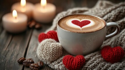 A cozy cup of coffee topped with a heart design, surrounded by love-themed decorations and soft candlelight, creating a warm, romantic atmosphere.