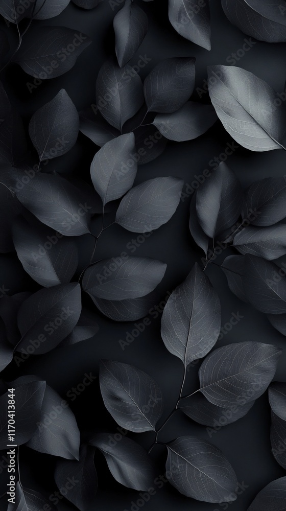 Poster a serene composition of dark foliage in various shades, creating a calming and stylish backdrop.