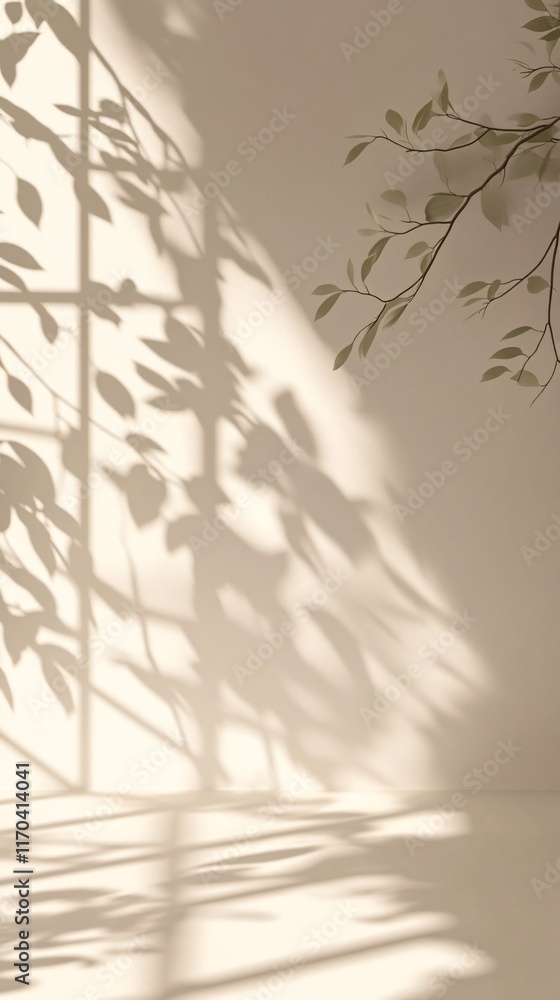 Poster soft shadows of leaves cast on a minimalist wall, creating a serene and calming atmosphere.