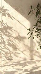 A serene composition featuring soft plant shadows cast on a textured beige wall, creating a tranquil atmosphere.