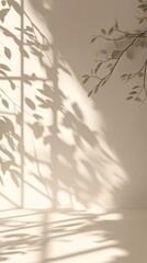 Soft shadows of leaves cast on a minimalist wall, creating a serene and calming atmosphere.