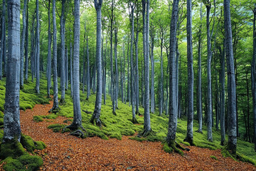 Obraz premium Lush green forest floor covered in moss and fallen leaves, with tall trees.