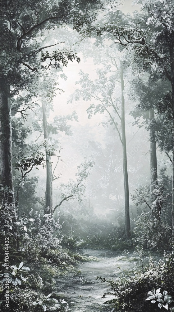 Poster serene misty forest path surrounded by lush greenery and tall trees, creating a tranquil and enchant
