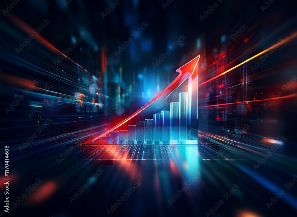 Poster a vibrant red arrow ascends a glowing bar graph, symbolizing rapid growth and progress within a futu