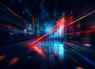 A vibrant red arrow ascends a glowing bar graph, symbolizing rapid growth and progress within a futuristic, high-tech environment.  Streaks of light suggest speed and dynamism.
