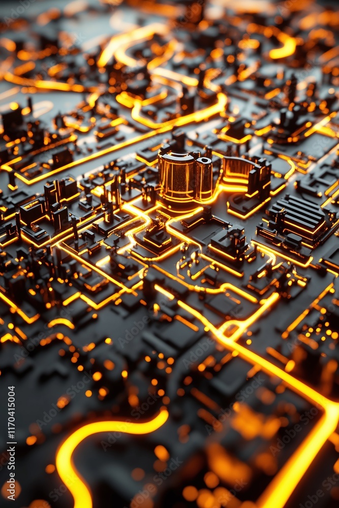 Poster a futuristic 3d city map with glowing routes indicating autonomous vehicle paths.