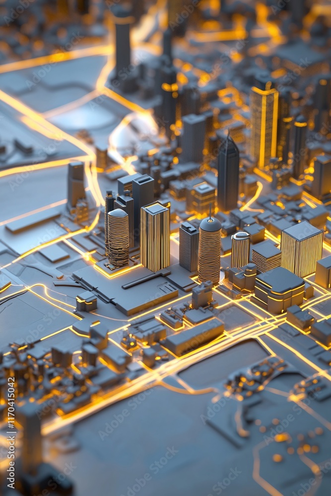 Aufkleber a futuristic 3d city map with pinpointed landmarks and colorful spatial data overlays.