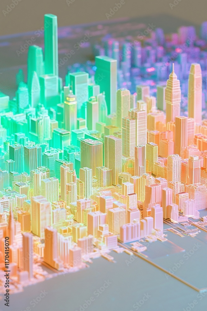 Aufkleber a futuristic 3d city map with pinpointed landmarks and colorful spatial data overlays.