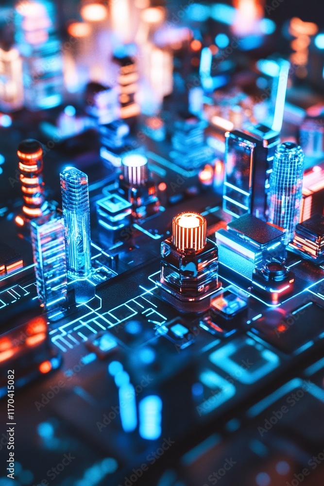 Aufkleber a futuristic 3d city map with pinpointed landmarks and colorful spatial data overlays.