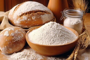 Fototapeta premium A bowl of bread flour placed on a kitchen counter next to a jar of yeast and a mixing bowl, with a scattering of flour on the surface
