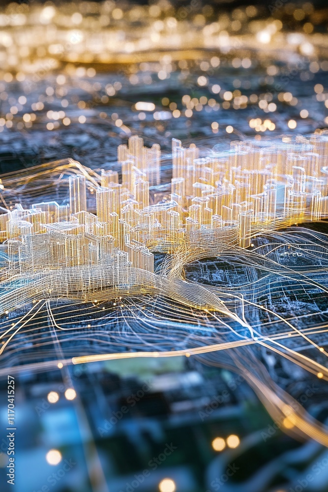 Poster a futuristic 3d digital twin map illustrating real-time spatial connections.