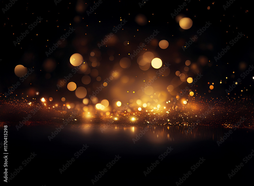 Poster golden bokeh lights shimmer and sparkle on a dark background, creating a magical, glittering effect.