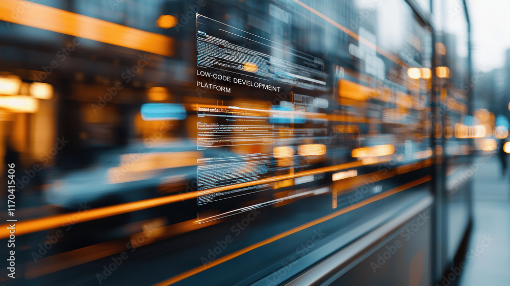 Poster low code platform concept. a dynamic cityscape reflecting motion with vibrant orange and blue lights