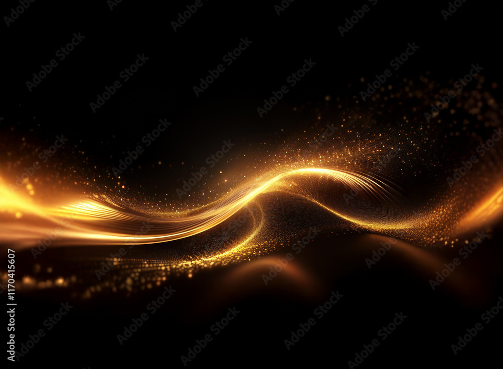 Poster golden, luminous waves flow across a dark background, shimmering with glittering particles. the abst