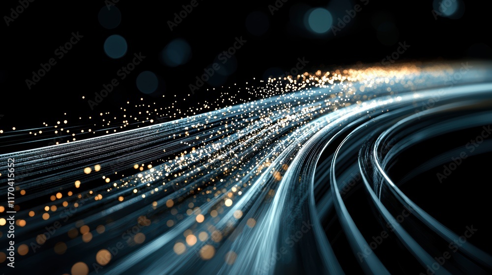 Poster A dynamic, abstract representation of glowing lines and particles on a dark background, suggesting movement and energy in a digital space.