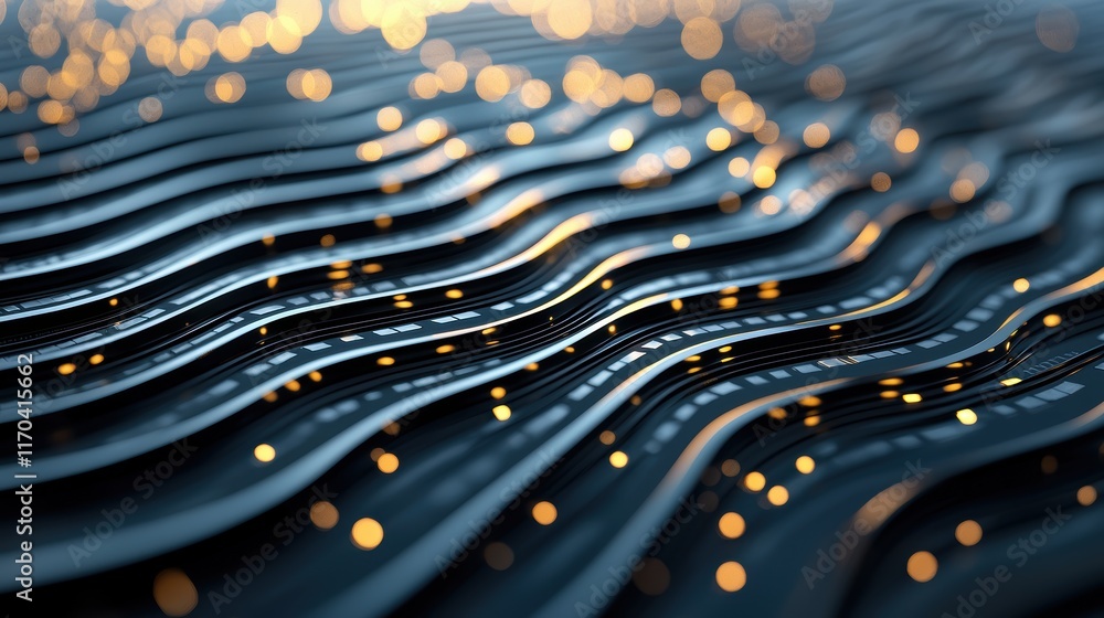 Poster A mesmerizing, abstract image showcasing flowing waves with shimmering golden particles against a dark background.
