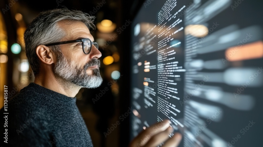 Poster A focused man interacts with a digital display, analyzing code or data, illuminated by soft background lighting in a modern environment.