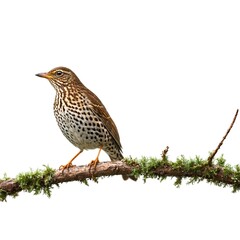 Fototapeta premium song thrush perchedon piece of wood isolated on white background
